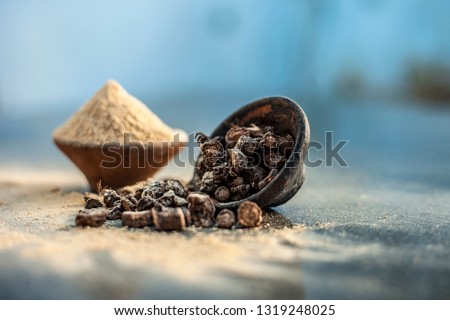 Popular Indian & Asian ayurvedic organic herb musli or Chlorophytum borivilianum or Curculigo orchioides or kali moosli in a clay with its powder in another bowl on wooden surface. Stock photo © 