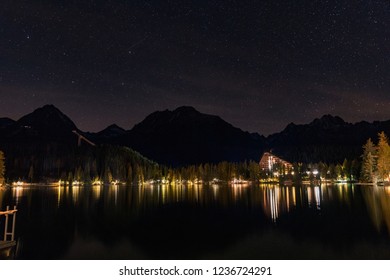 Popular lake Strbske pleso in night, tourist destination in High Tatra mountains, magic night landscape, Slovakia (Slovensko)