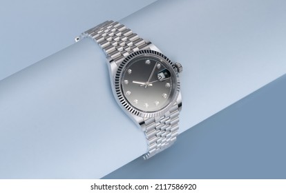 Popular men's and women's watches made of stainless steel and white gold with diamonds in the center on a black dial. Watch with diamonds on a beautiful background. Wristwatch with diamonds
 - Shutterstock ID 2117586920
