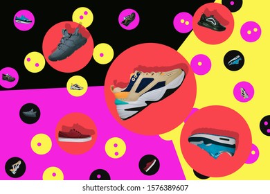 Popular Sneakers On A Creative Colorful Trend Background. Fashion Hype