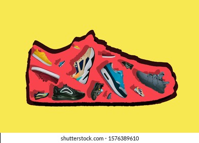 Popular Sneakers On A Creative Colorful Trend Background. Fashion Hype