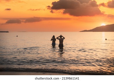 Popular Are Snorkeling And Scuba Diving Coast Of Greece Is Idyllic. Couple On A Scuba Diving And Snorkeling Trip To The Beautiful Island Of Greece