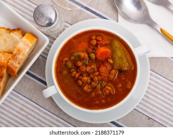 Popular Soup Of Spanish Cuisine Made Of Lentils With Vegetables, Which Has A Stunning Rich Taste