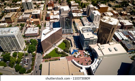 Popular square in downtown Boise aerial view from above with tall buildings