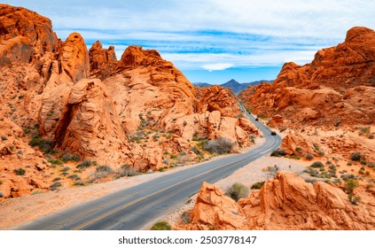 The “Valley of Fire” is a popular state park in Nevada (USA) near Las Vegas. You can admire the impressive red sandstone desert landscape on foot or by car. Natural wonder and tourist attraction. - Powered by Shutterstock