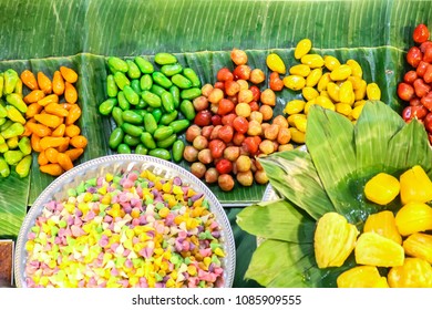 Popular Thai Dessert During Songkran Festival. Kanoon Cheum (jackfruit In Syrup), Luke Choop (Mung Bean Candy),  Khanom Chan (lucky Food)