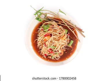 Popular Thai food, papaya salad or som tam with a spicy, sour, sweet taste, decorated with morning glory on a plate isolate on white background - Shutterstock ID 1780002458