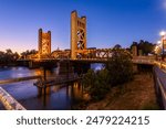 Popular tourist attraction, Tower Bridge across the Sacramento River, illuminated in twilight 