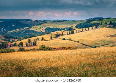 Popular Travel And Photography Destination In Tuscany. Picturesque Winding Rural Road Near Monticchiello, Tuscany, Italy, Europe