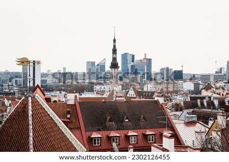 Popular view of Tallinn old city cityscape skyline from observation deck. Spring day. Estonia. Travel, tourism