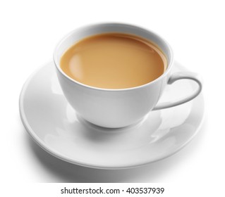 Porcelain Cup Of Tea With Milk Isolated On White Background