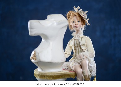 Porcelain Paper Mache Clay Statuette Girl Pretty Woman Young Girl Dress Blonde Beauty Handmade Handcrafted Toy Craft Vintage Bonnet Hat Cap Chess Knight White Horse Decor Doll Gift Texture Concept