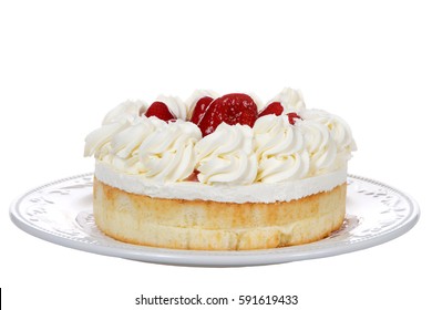 Porcelain Plate With Large Strawberry Shortcake Dessert Isolated On White Background