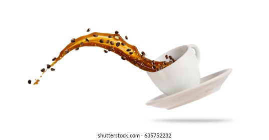Porcelain white cup with splashing coffee liquid isolated on white background. Hot drink with splash, beverages and refreshment.