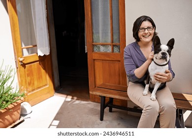 Porch, portrait and mature woman with dog, smile and happiness for pet outdoor of home to relax. Summer, house and female person together with animal for love, care and support with loyalty on bench - Powered by Shutterstock