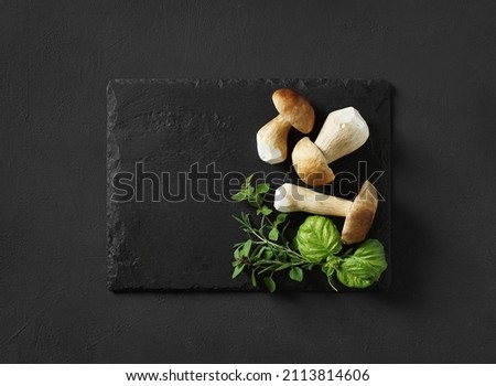 porcini mushrooms and a bunch of fragrant herbs lie on a dark background, top view, copy space