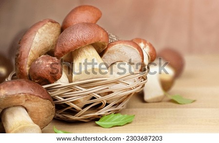 porcini mushrooms (cep) in a basket on a wooden table 