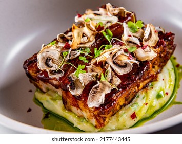 Pork Brisket And Mashed Potato On White Plate.