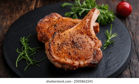 Pork Chops: Juicy cuts of pork, often pan-fried or grilled, seasoned with a variety of spices. - Powered by Shutterstock