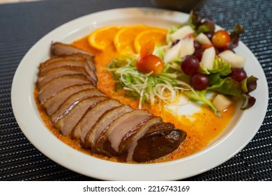 Pork Curry With Fruit Salad. Fine Dinning Food, Thai Traditional Food. Infusion Food, Close Up Shot