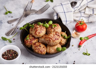 Pork cutlets from minced meat. Pan-fried meatballs. Healthy dinner for the family. 