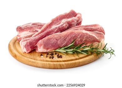 Pork fillet tenderloin with rosemary, raw meat, close-up, isolated on white background - Shutterstock ID 2256924029