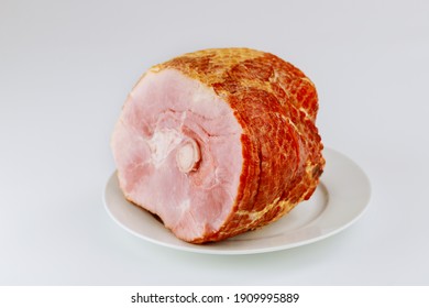 Pork Ham Spiral Sliced Isolated On White Background. Holiday Meal.