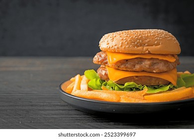 pork hamburger or pork burger with cheese and french fries - Powered by Shutterstock