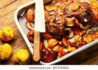 Pork Knuckle Stewed With Quince And Apples In Tray
