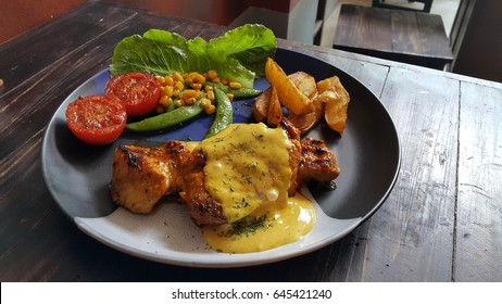 Pork Loin Steak With Honey Mustard Sauce.