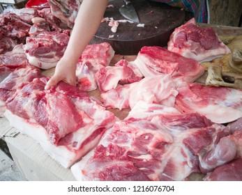 Pork meat selling on the street market in Ha Giang, Vietnam. - Powered by Shutterstock