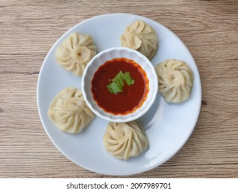 Pork Momo, Served Pan Fried Eat With Chilli Paste Sauce, Bhutan Food.