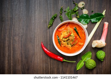 Pork Panaeng Curry Spices Thai Food Popular Menu On Wood Table In Still Life Style Photography