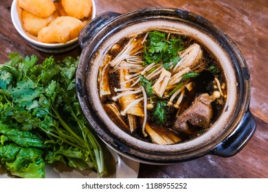 Pork ribs and herbs soup called Bak Kut Teh. Chinese healthy cuisine.