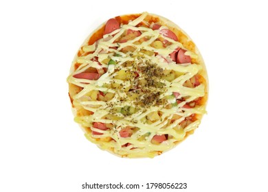 Pork Sausage Pizza On A White Background