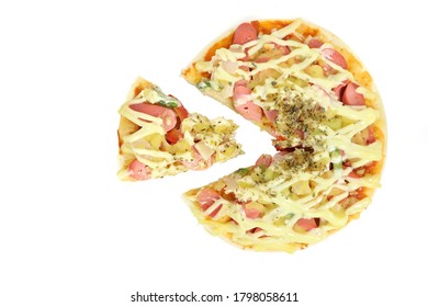 Pork Sausage Pizza On A White Background