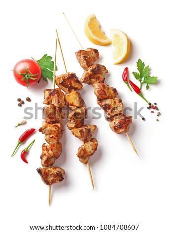 Pork shish kebab isolated on white background, top view