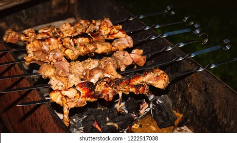 Pork Skewer Kebab At Open Fire In Siberia In Russia