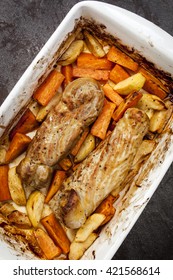 Pork Tenderloin With Sweet Potato And Apple.  Overhead View.