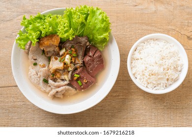 Pork's Entrails And Blood Jelly Soup Bowl With Rice - Asian Food Style