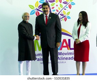 Porlamar, Venezuela. September 17th, 2016: Indian Vice President Hamid Ansari Greets Venezuelan President Nicolas Maduro At The Opening Ceremony Of The Non-Aligned Movement Summit In Venezuela