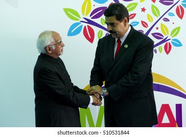 Porlamar, Venezuela. September 17th, 2016: Indian Vice President Hamid Ansari Greets Venezuelan President Nicolas Maduro At The Opening Ceremony Of The Non-Aligned Movement Summit In Venezuela