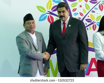 Porlamar, Venezuela. September 17th, 2016: Nepali Vice President Nanda Bahadur Pun And Venezuelan President Nicolas Maduro At The Opening Ceremony Of The Non-Aligned Movement Summit In Venezuela