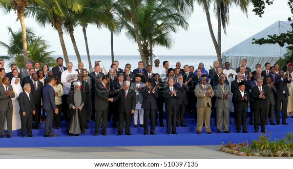 Porlamar, Venezuela. September 17th 2016 - Presidents of
Delegations pose for the official photograph in the 17th Summit of
the Non-Aligned Movement in Porlamar, Margarita Island, Venezuela
