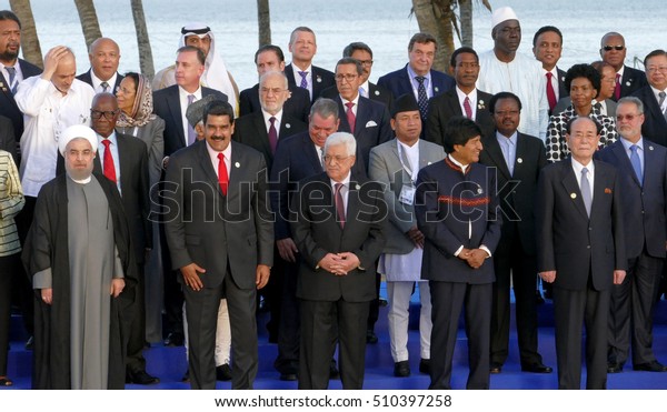Porlamar, Venezuela. September 17th 2016 - Presidents of\
Delegations pose for the official photograph in the 17th Summit of\
the Non-Aligned Movement in Porlamar, Margarita Island, Venezuela\
