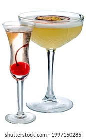 Porn Star Martini Cocktail, Glass Of Porn Star Martini Isolated On White Background, Summer Cocktail With Passion Fruit And Cherries