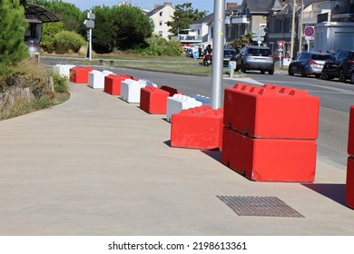 Pornichet, France - 08 24 2022 : Concrete Blocks In The Shape Of A Lego Game, Town Of Pornichet, Loire Atlantique Department, France