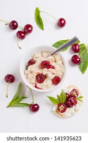 Porridge With Cherry Compote And Crostini With Cherries