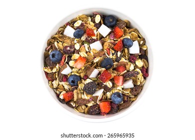Porridge Oats With Fresh And Dried Fruit In A Bowl On White Background