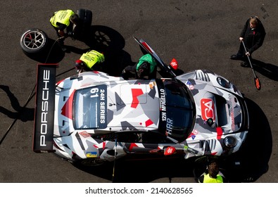 Porsche Gt Race Car At Pit Stop High Angle View. Mugello, Italy, March 27 2022. 24 Hours Series